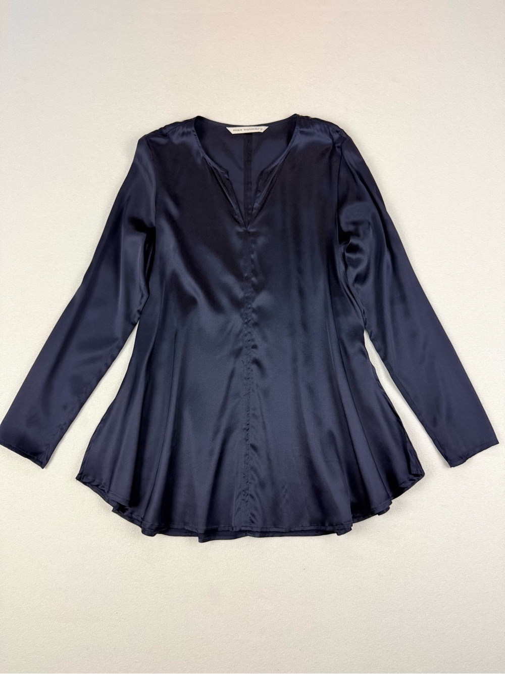 Max Volmáry Silk Stretch Tunic Blouse Navy Blue Flowy Long Sleeve Top EU 38